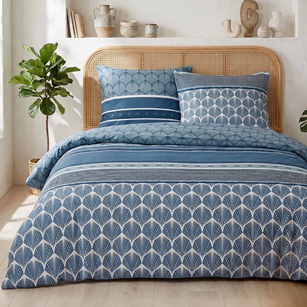 Parure de lit imprimée contemporain bleu + 2 taies en coton 260x240 cm