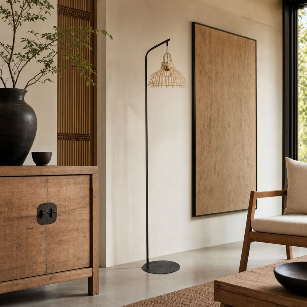 Lampadaire en acier et rotin noir 40x40x160 cm — vue 3