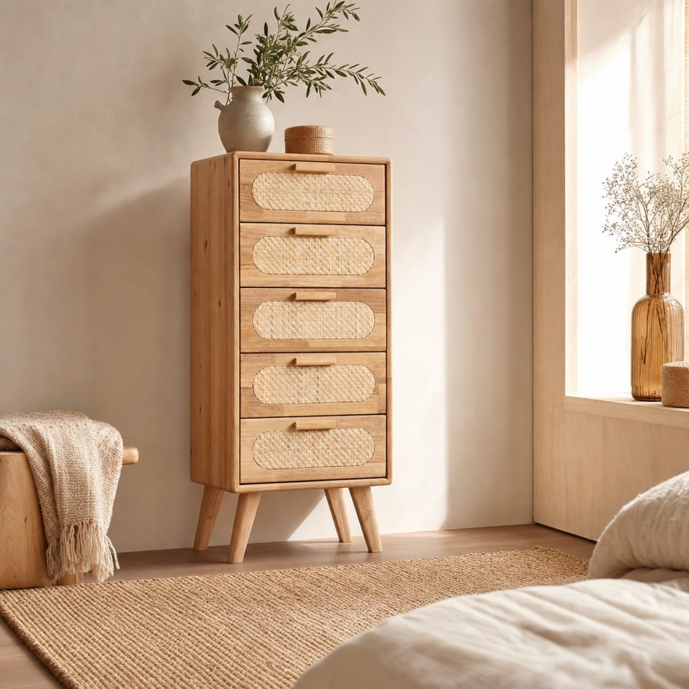 Commode en hévéa et rotin marron 40x30x93 cm