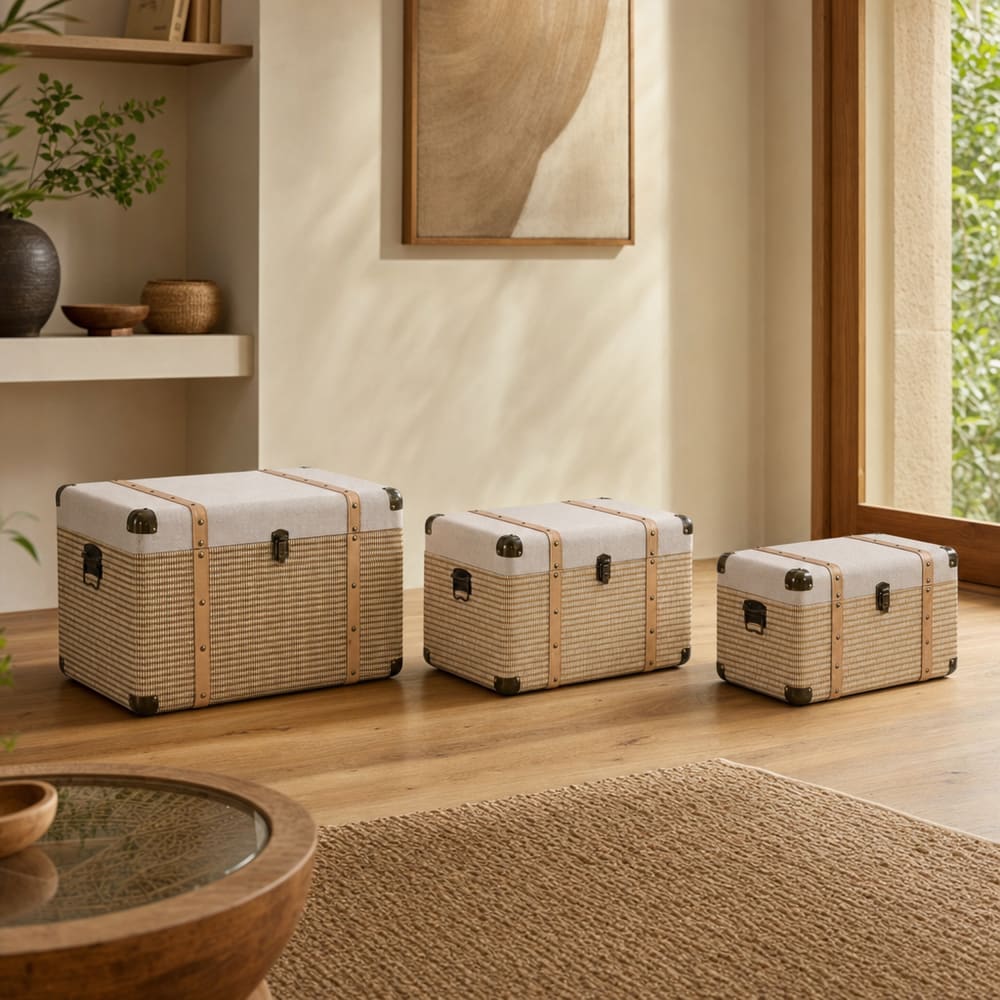 Ensemble de 3 coffres en polyester et bois marron 54x35x35 cm