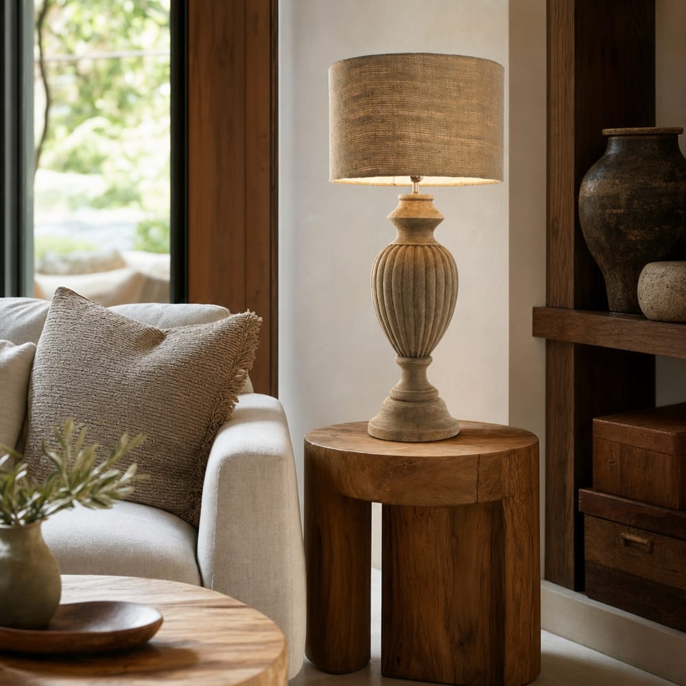 Lampe en bois sculpté et jute marron 44x44x91 cm
