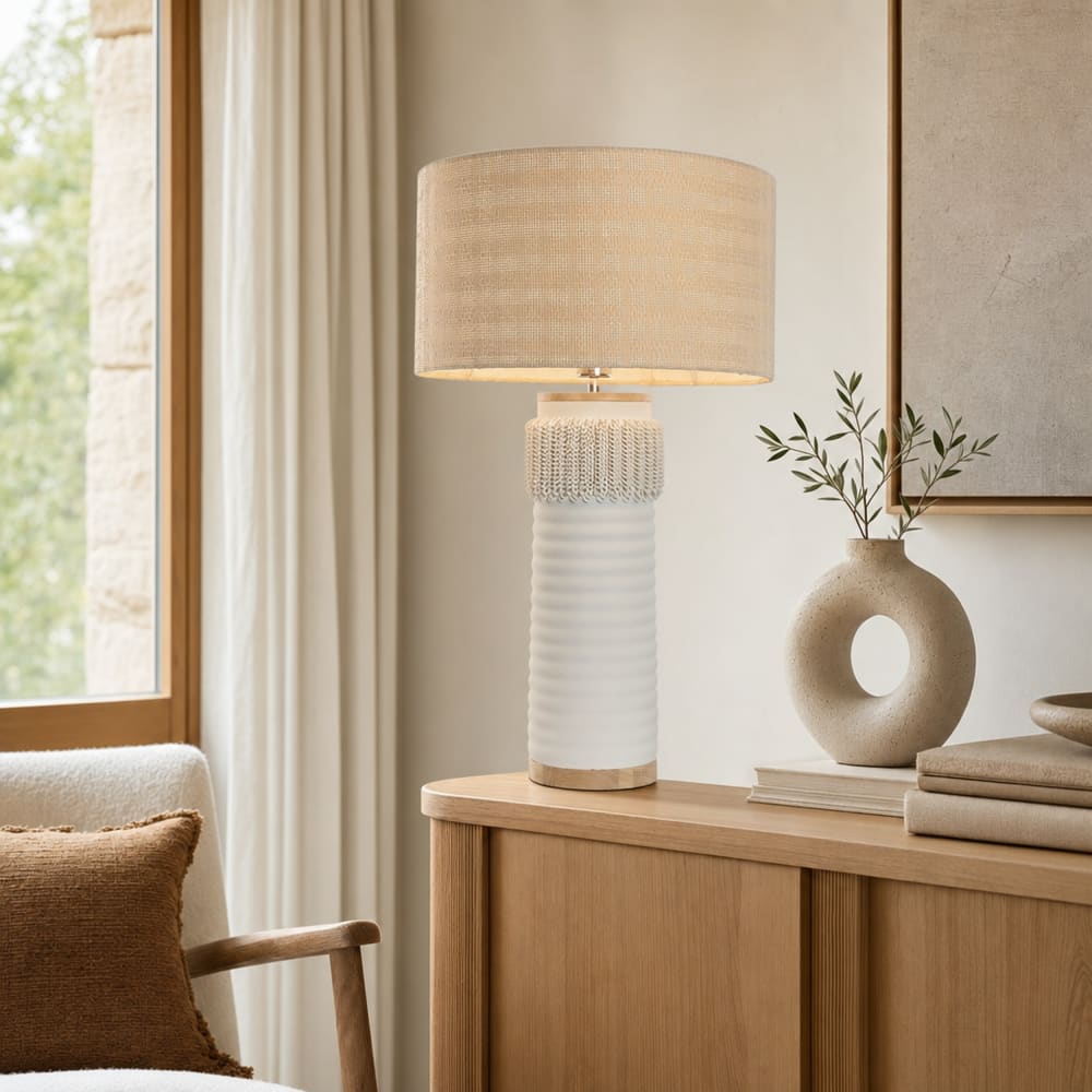 Lampe en céramique et lin blanc 46x46x77 cm — vue 3