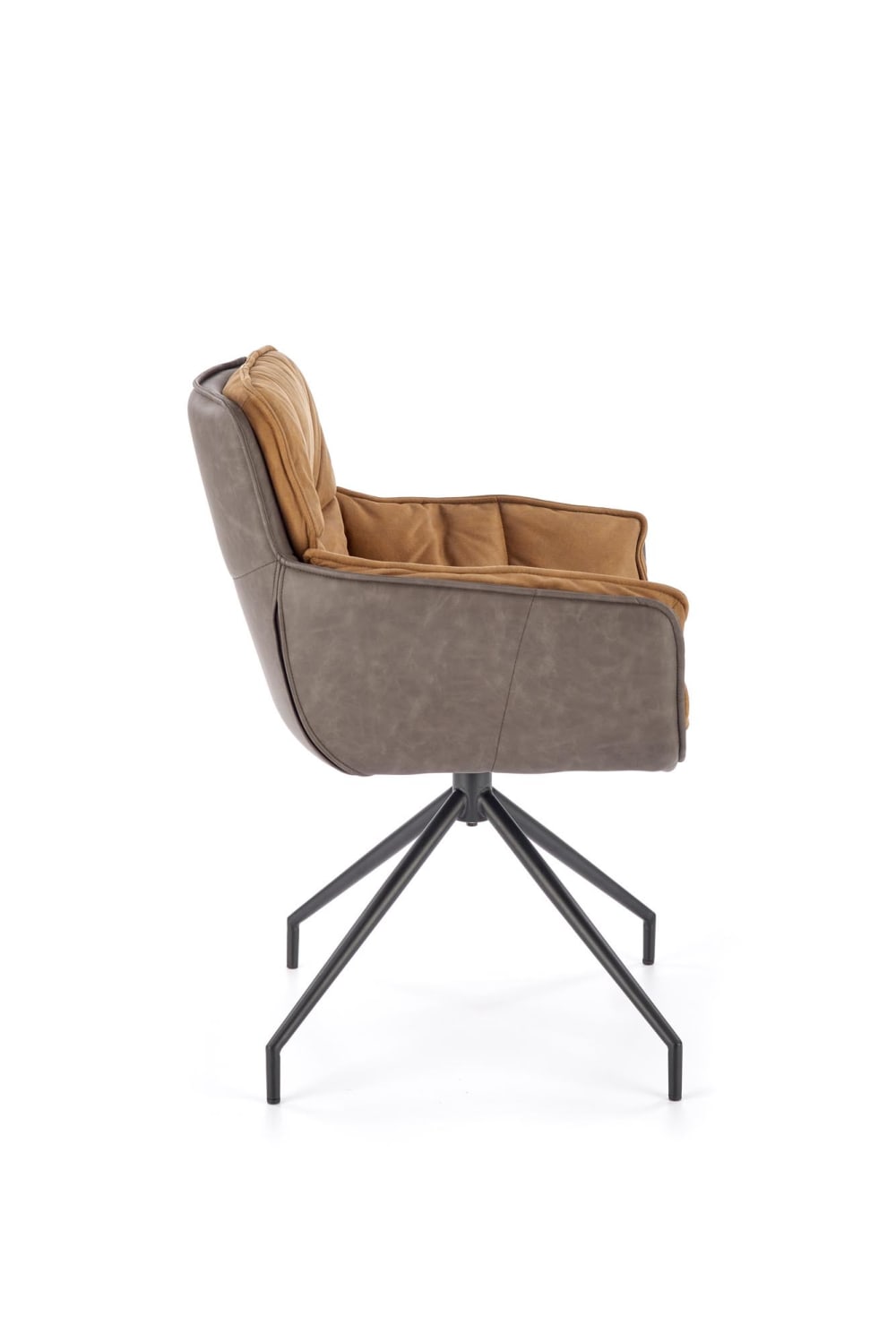 Stuhl aus zwei Materialien, graues Kunstleder und brauner Stoff -