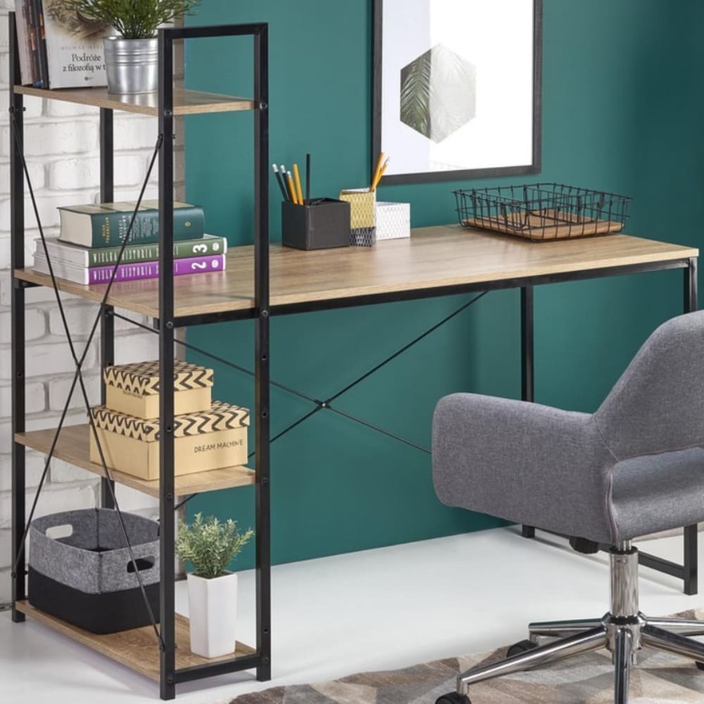 Bureau avec étagères chêne et acier noir 120x120cm