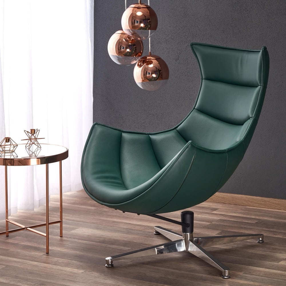 Fauteuil pivotant vert foncé en cuir et acier