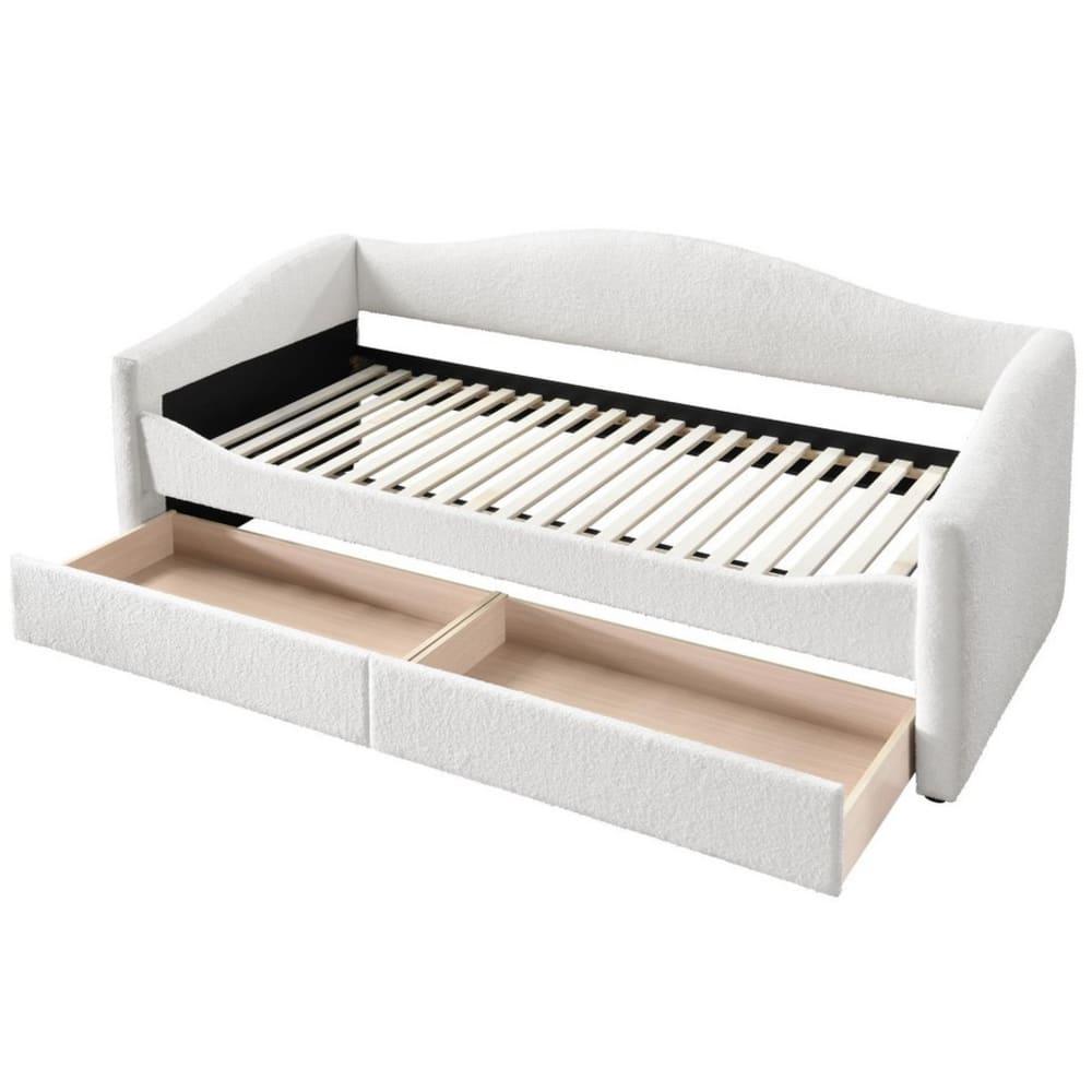 Lit en velours de polyester bouclé beige avec tiroirs 90 x 200cm Lit en velours de polyester bouclé beige avec tiroirs 90 x 200cm