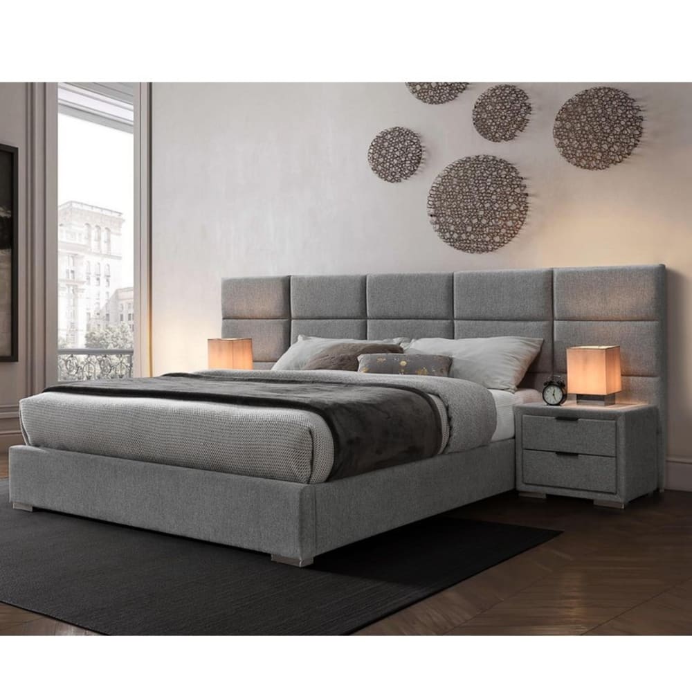 Lit gris  en tissu de polyester avec grande tête de lit  160cm