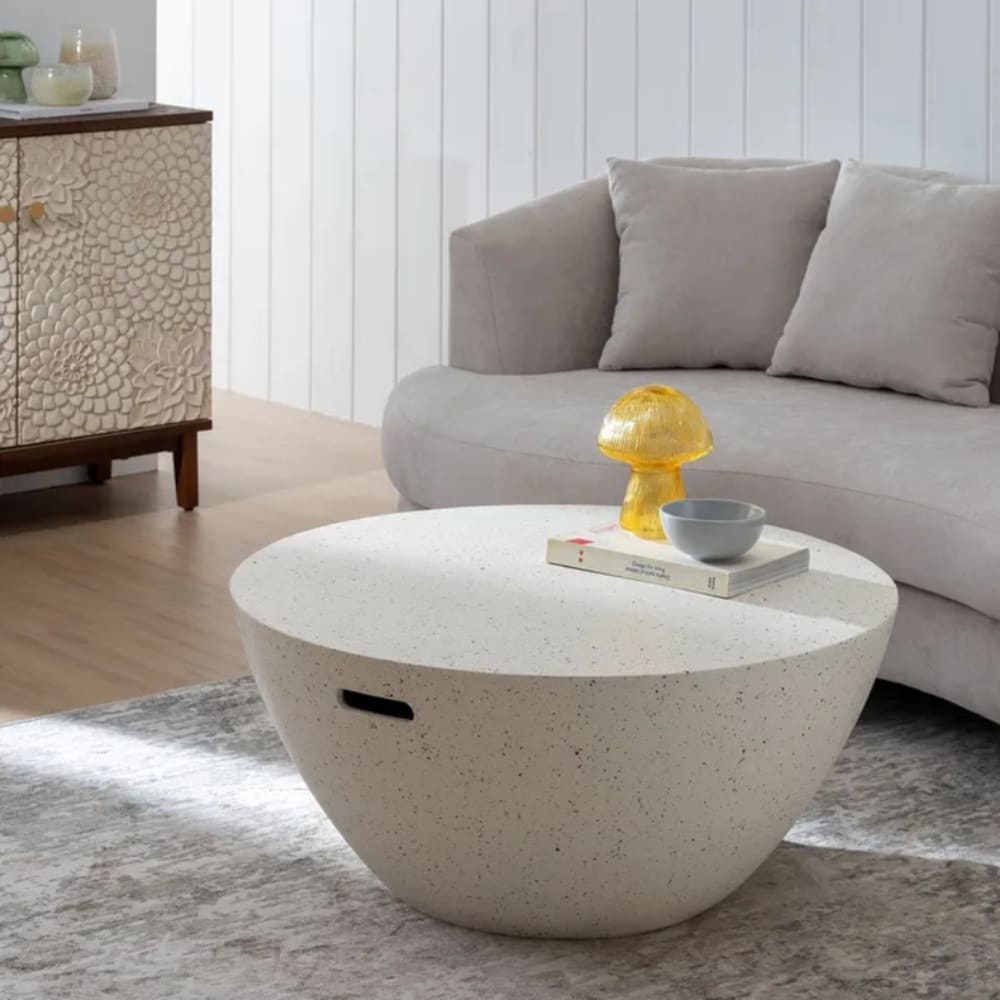 Table basse monolithe en résine effet magnésium blanc moucheté 90 cm