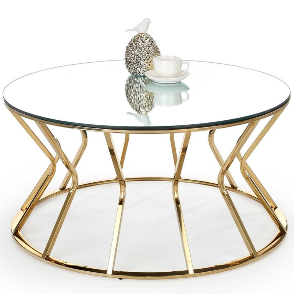 MSO Runder Couchtisch mit Glasplatte und Stahlgestell, 90 cm style landhaus Gold Glas