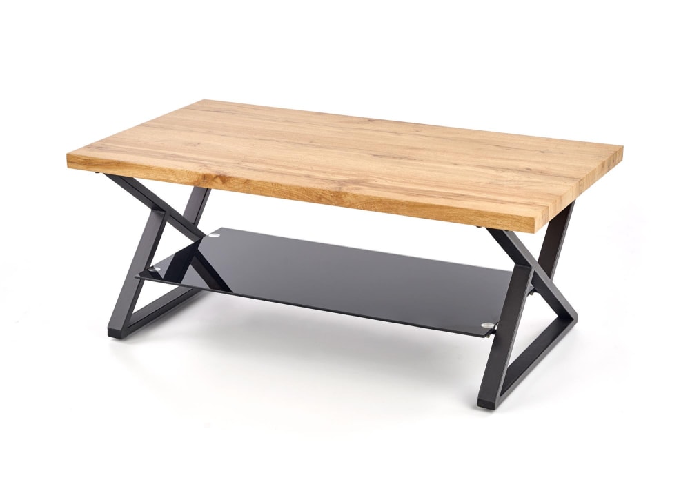 Table basse aspect chêne naturel verre et acier noir 110x45cm