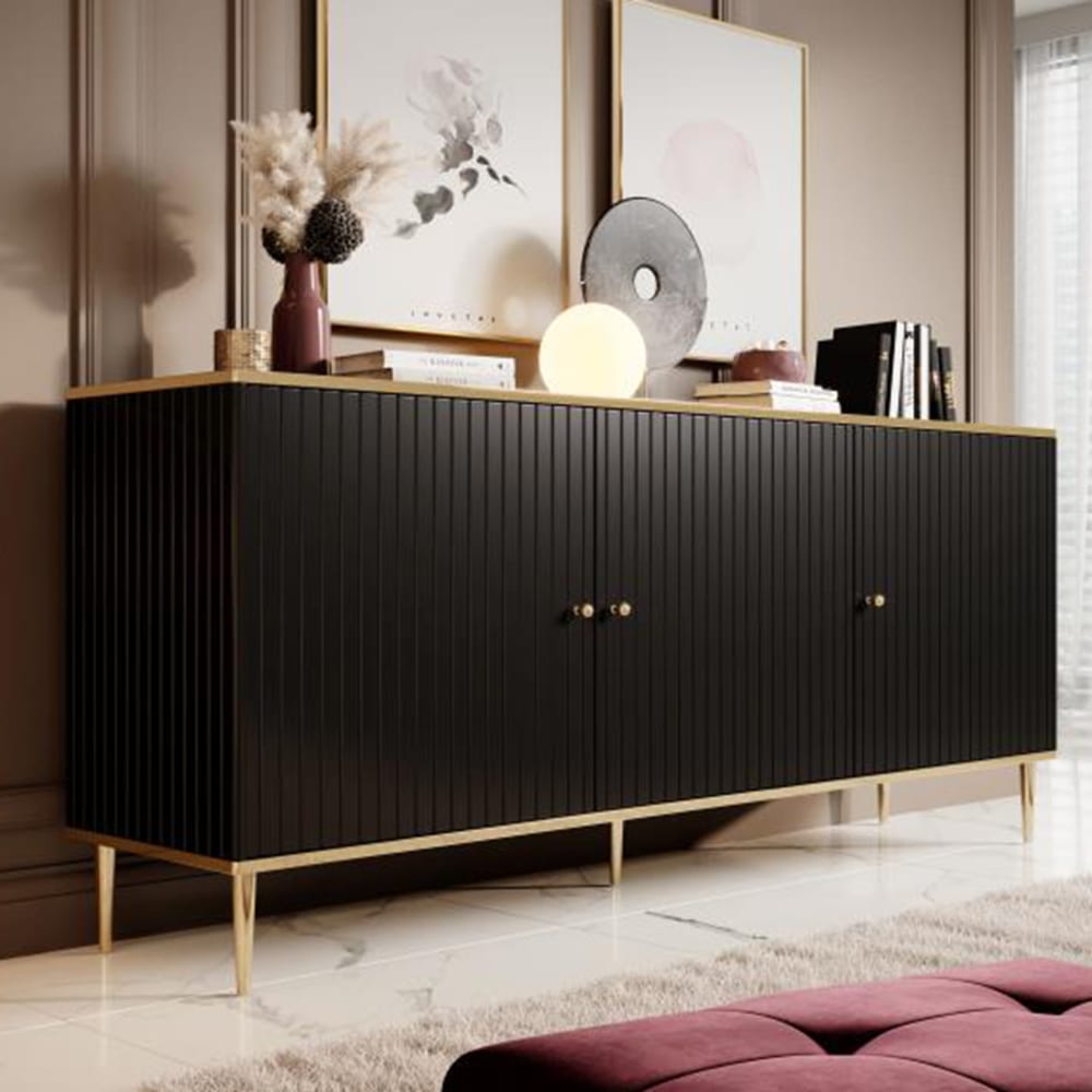 Designer-Sideboard in Mattschwarz mit goldfarbenen Beinen, 180 cm