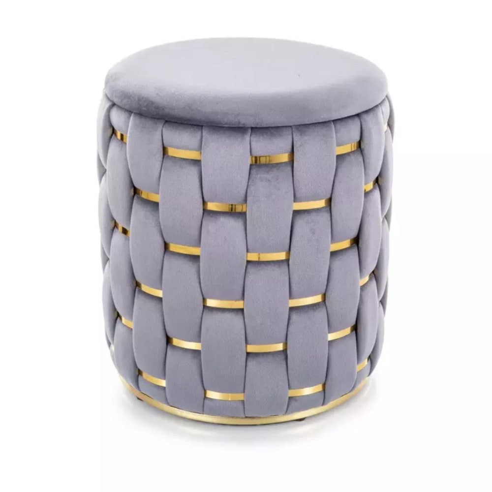 Pouf tressé en velours de polyester gris avec rangement intégré Pouf tressé en velours de polyester gris avec rangement intégré