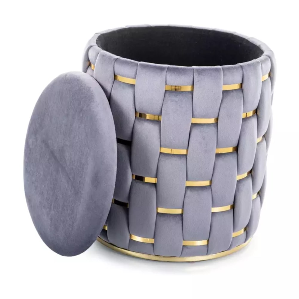 Pouf tressé en velours de polyester gris avec rangement intégré