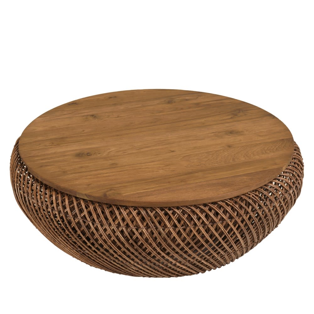 Table basse en rotin couleur marron et bois de teck recyclé d80