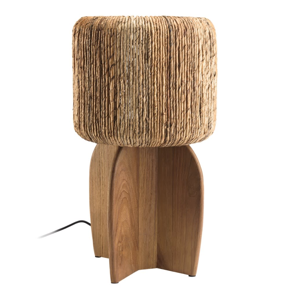 Lampe 30x30cm en rotin couleur naturelle et bois de teck recyclé