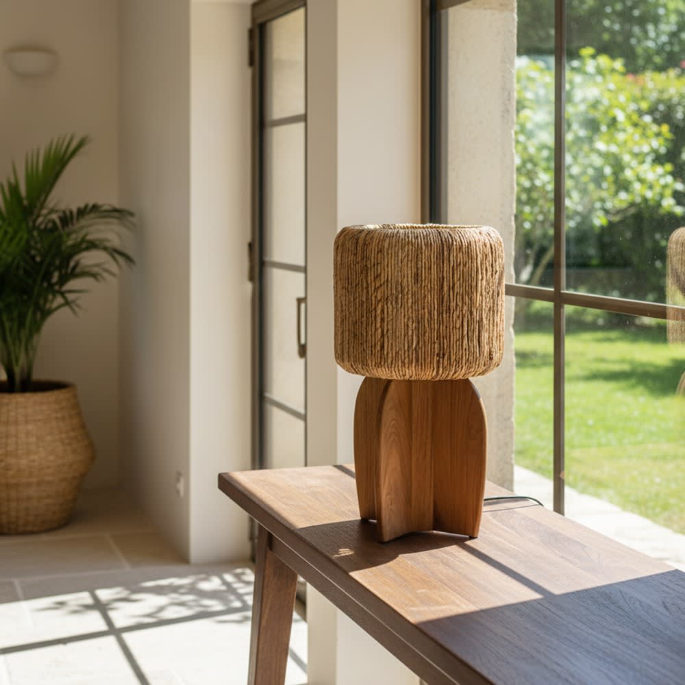 MACABANE Lampe Rattan und recyceltem Teakholz style exotic Braun