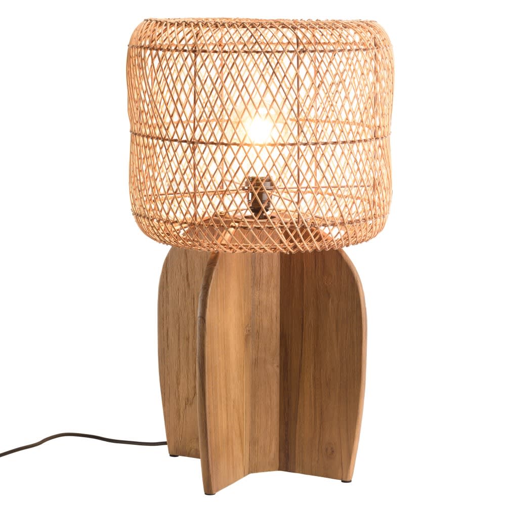 Lampe 38x38cm en rotin couleur naturelle et bois de teck recyclé
