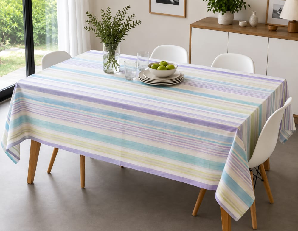 Nappe à rayures pastel - esprit contemporain - 160x260cm - bleu Nappe à rayures pastel - esprit contemporain - 160x260cm - bleu