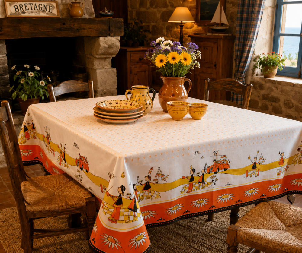Nappe en coton motif breton - 160x250cm - orange