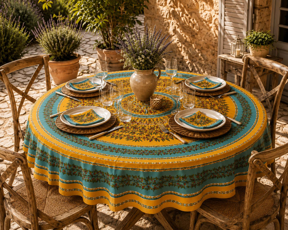 Nappe ronde provençale ocre & céladon ø180 cm avec 6 serviettes