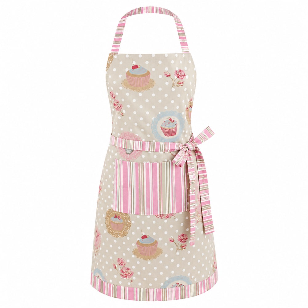 Tablier de cuisine avec poche - motif cupcakes & rayures roses - rose