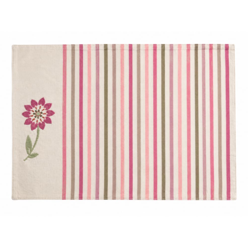 Set de table rayé en coton écru, camaïeu de roses et fleur - 33x48cm