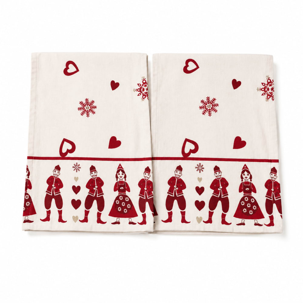 Lot de 2 torchons de cuisine en coton - esprit noël - 45x60cm - rouge
