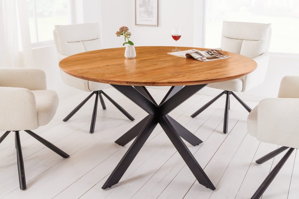 Table ronde en bois massif d'acacia clair et pieds en fer noir d130cm
