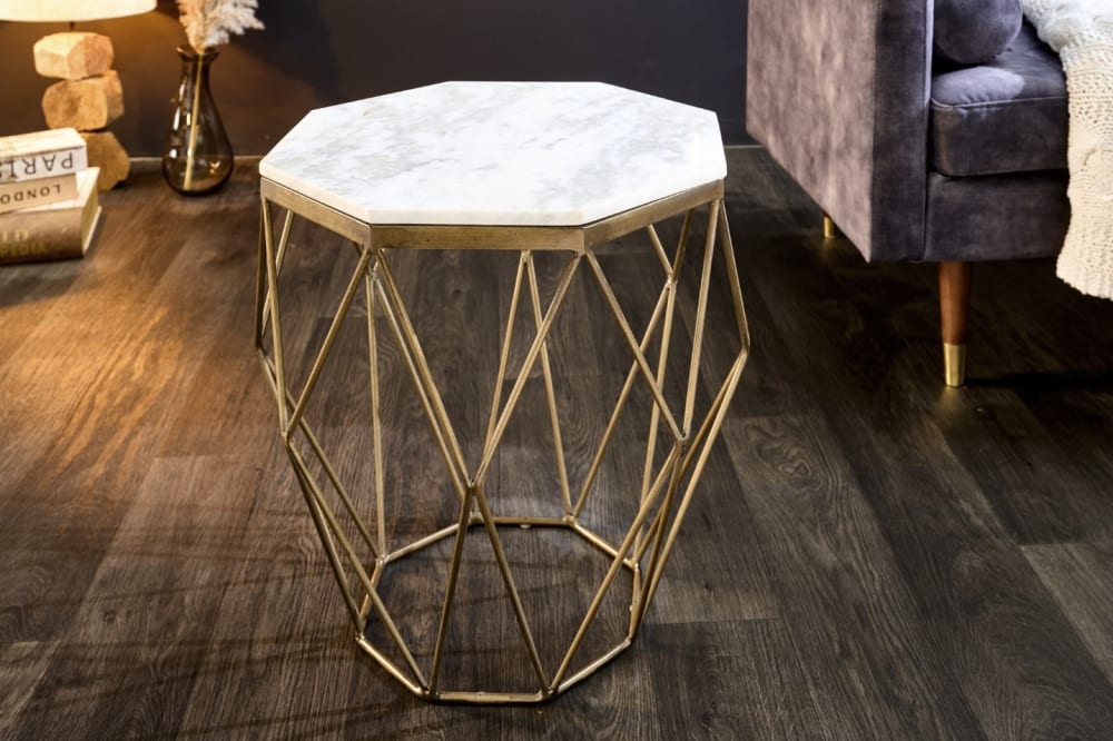 Table basse en marbre blanc pied design en fer 50x50x50cm