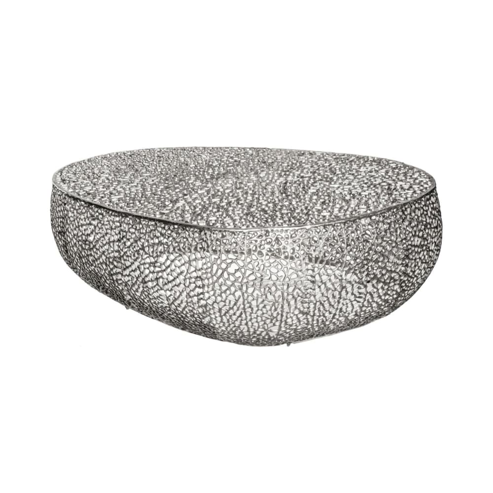 Table basse asymétrique en aluminium ajouré argenté 122x42x69cm Table basse asymétrique en aluminium ajouré argenté 122x42x69cm