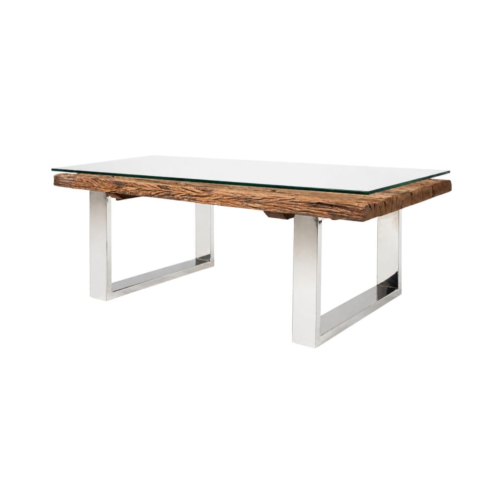 Table basse en bois de teck, fer et plateau en verre 110x41x60cm