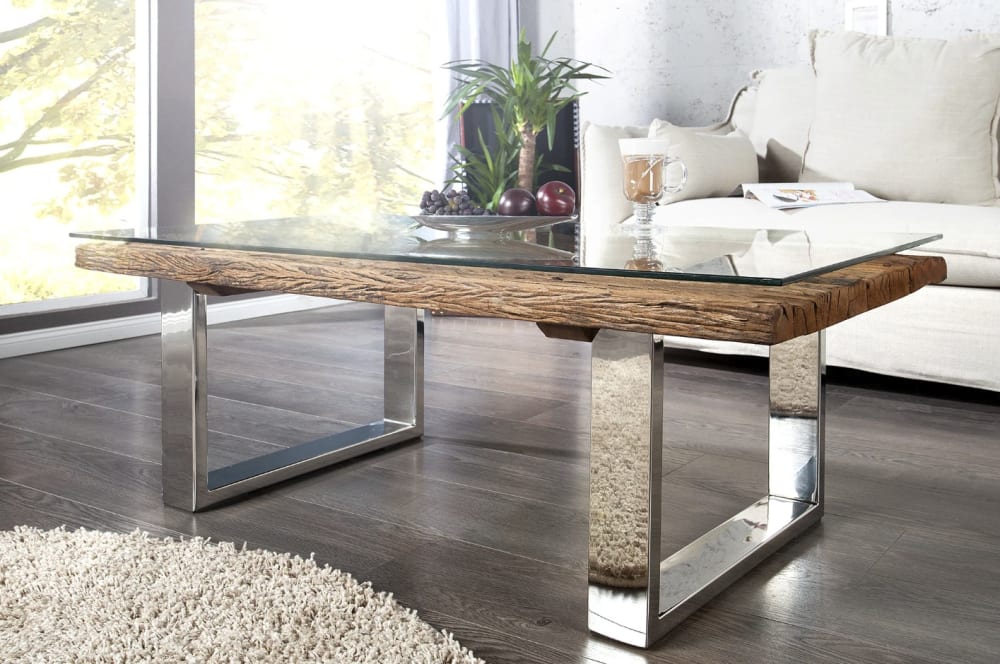 Table basse en bois de teck, fer et plateau en verre 110x41x60cm
