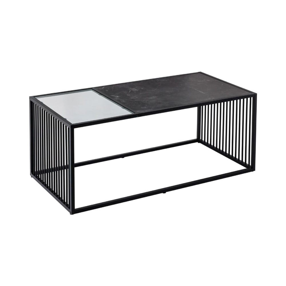 Table basse en verre effet marbre noir et fer noir 100x40x50cm Table basse en verre effet marbre noir et fer noir 100x40x50cm