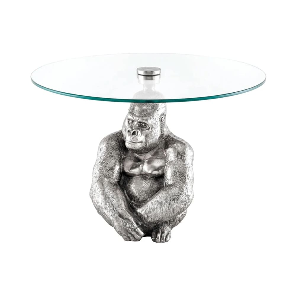 Table basse en forme de gorille en aluminium argenté et verre d60cm Table basse en forme de gorille en aluminium argenté et verre d60cm