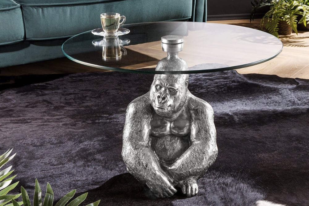 Table basse en forme de gorille en aluminium argenté et verre d60cm