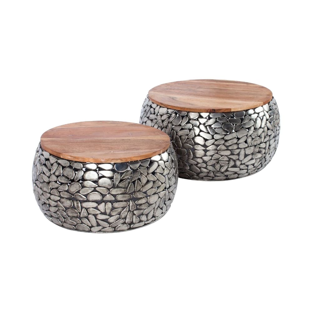 Lot de 2 tables basses en aluminium effet mosaïque plateau en manguier Lot de 2 tables basses en aluminium effet mosaïque plateau en manguier