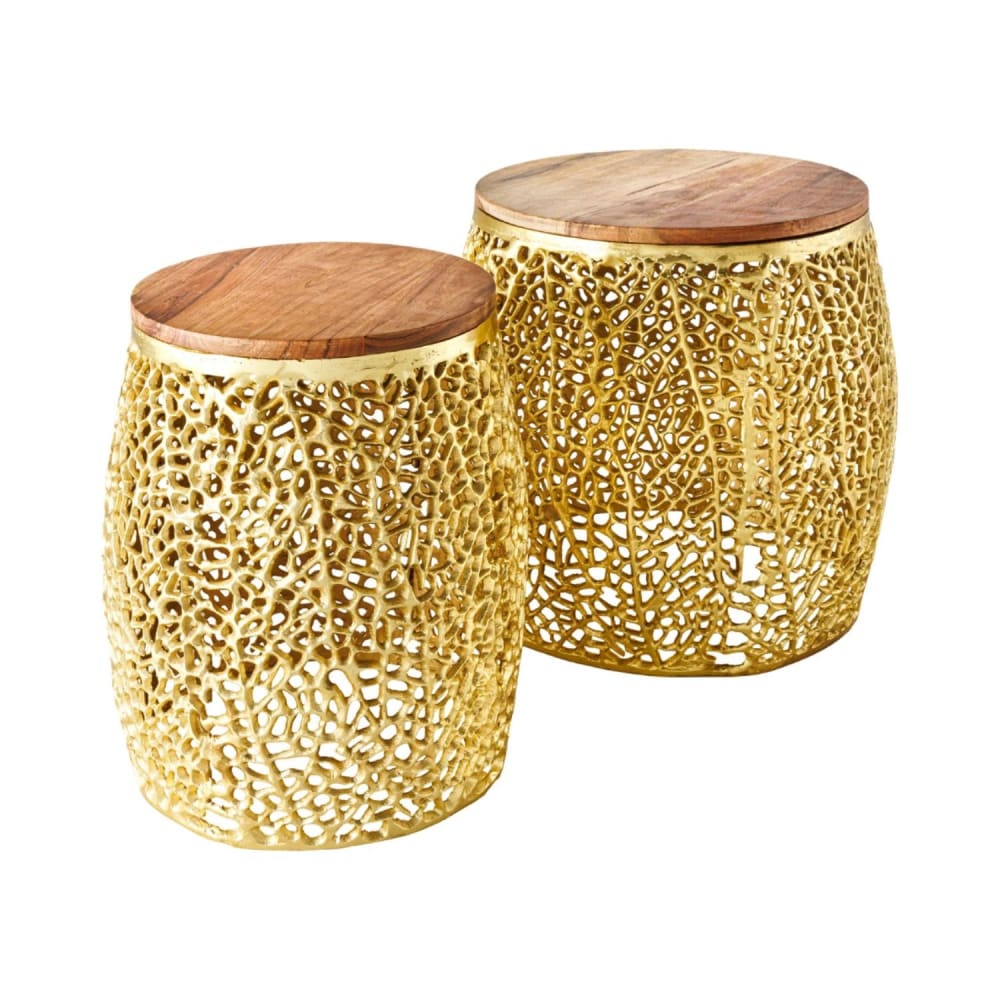 Tables basses rondes en aluminium ajouré doré et en acacia 46x44x46cm Tables basses rondes en aluminium ajouré doré et en acacia 46x44x46cm