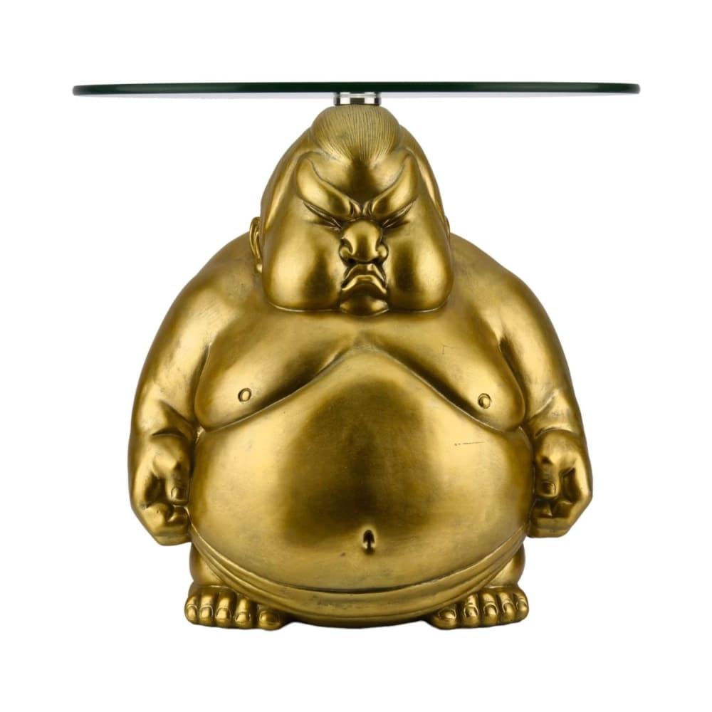 Table basse en forme de sumo en polyrésine doré et verre d55cm Table basse en forme de sumo en polyrésine doré et verre d55cm