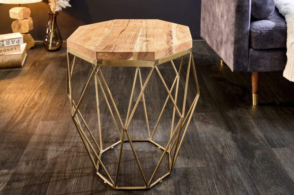 Table basse octogonale en acacia pied en fer doré 50x50x50cm