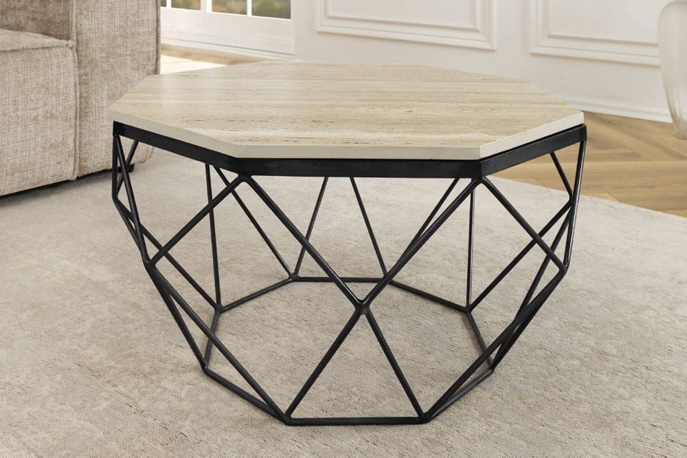 Table basse plateau en travertin et époxi pied en fer noir 70x38x70cm