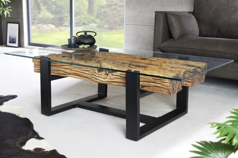 Table basse en bois de teck, acier et plateau en verre 130x42x70cm
