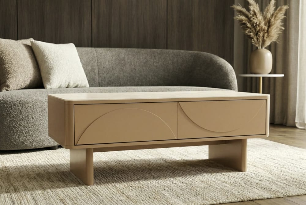 Table basse en céramique effet travertin avec 2 tiroirs 120x46x60cm