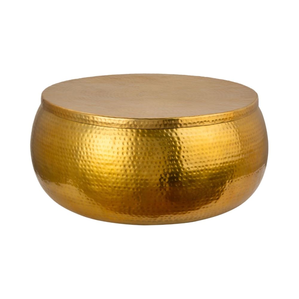 Table basse ronde dorée en aluminium martelé avec rangement 70x30x70cm