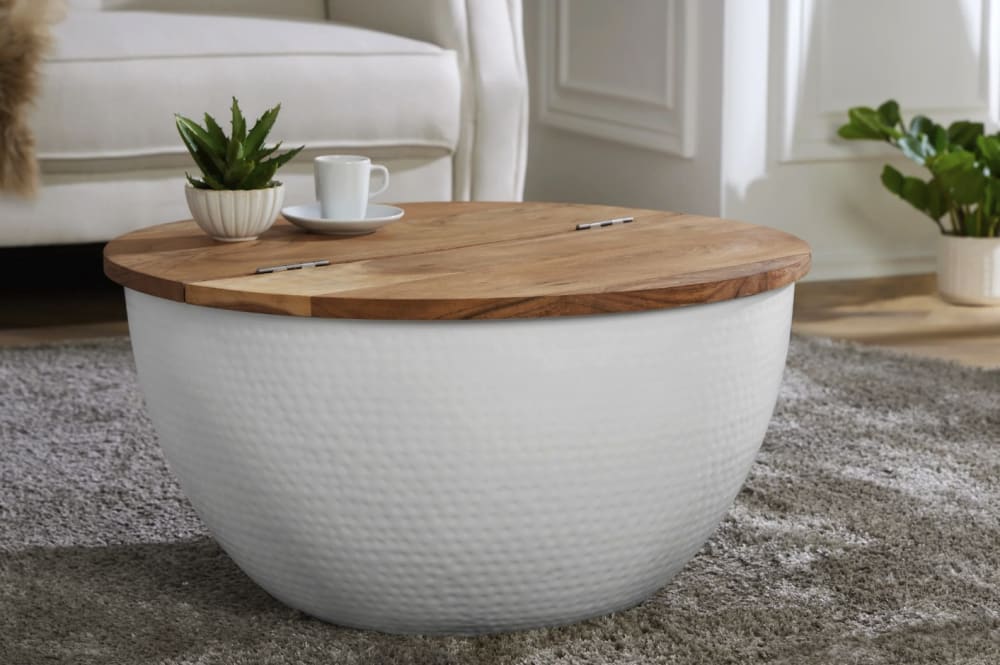 Table basse blanche en acacia et fer martelé avec 1 porte 60x32x60cm