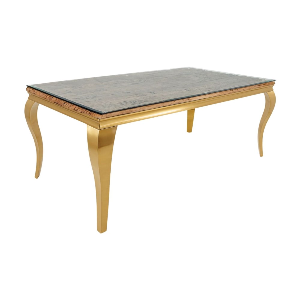 Table rectangulaire en bois de teck, verre et acier doré 200x100cm