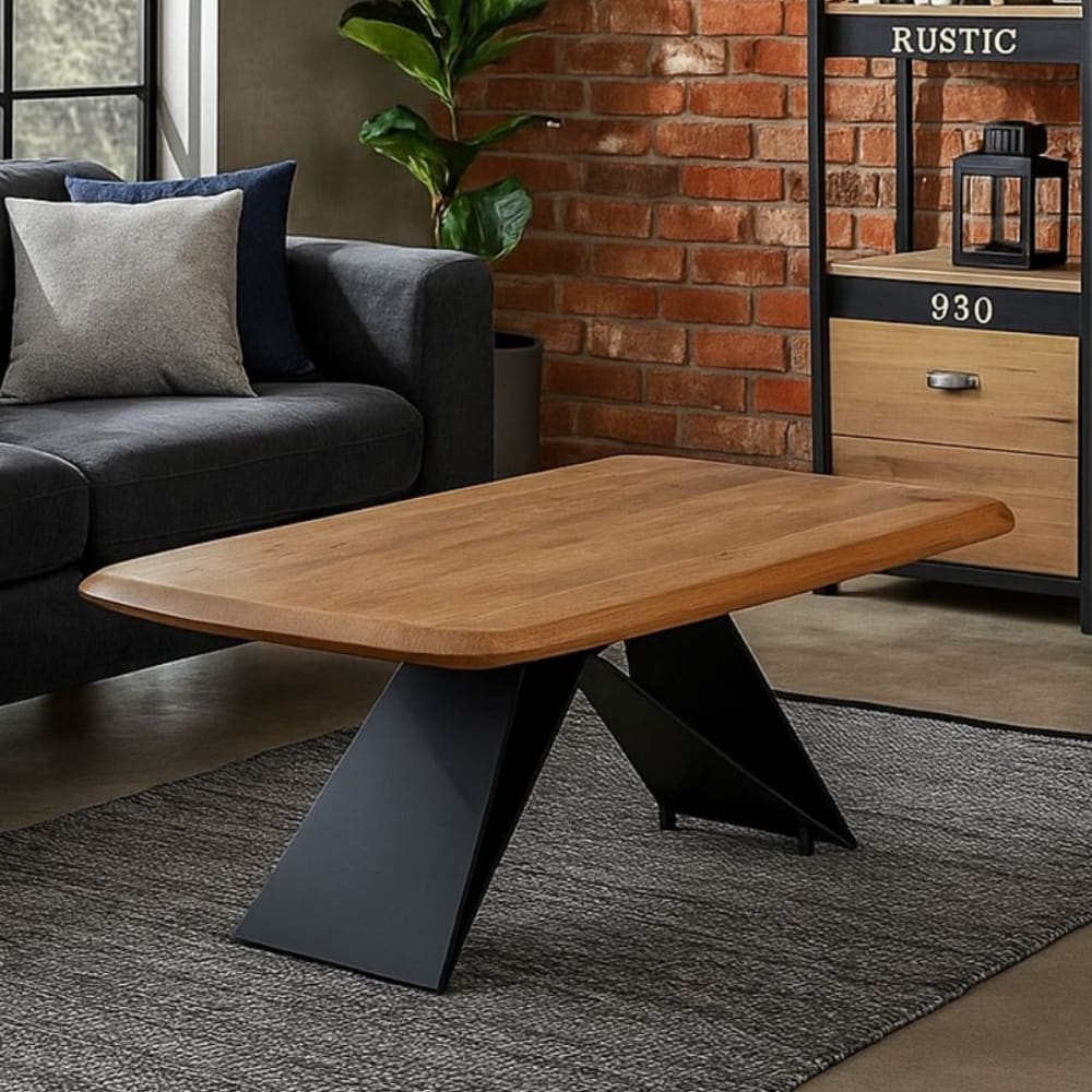 Couchtisch aus massiver Akazie, X-Fuß, schwarzes Metall, 110 x 60