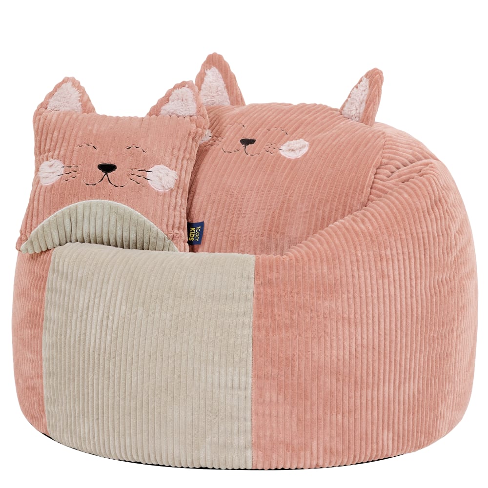 Pouf poire animal pour enfant avec coussin, velours côtelé, chat rose