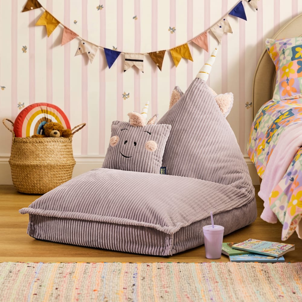 Sitzsack-Sessel mit Kissen für Kinder aus Cord, Lila Einhorn -