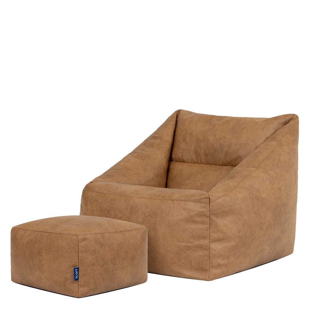 Pouf poire fauteuil avec repose-pied carré en simili cuir végan brun