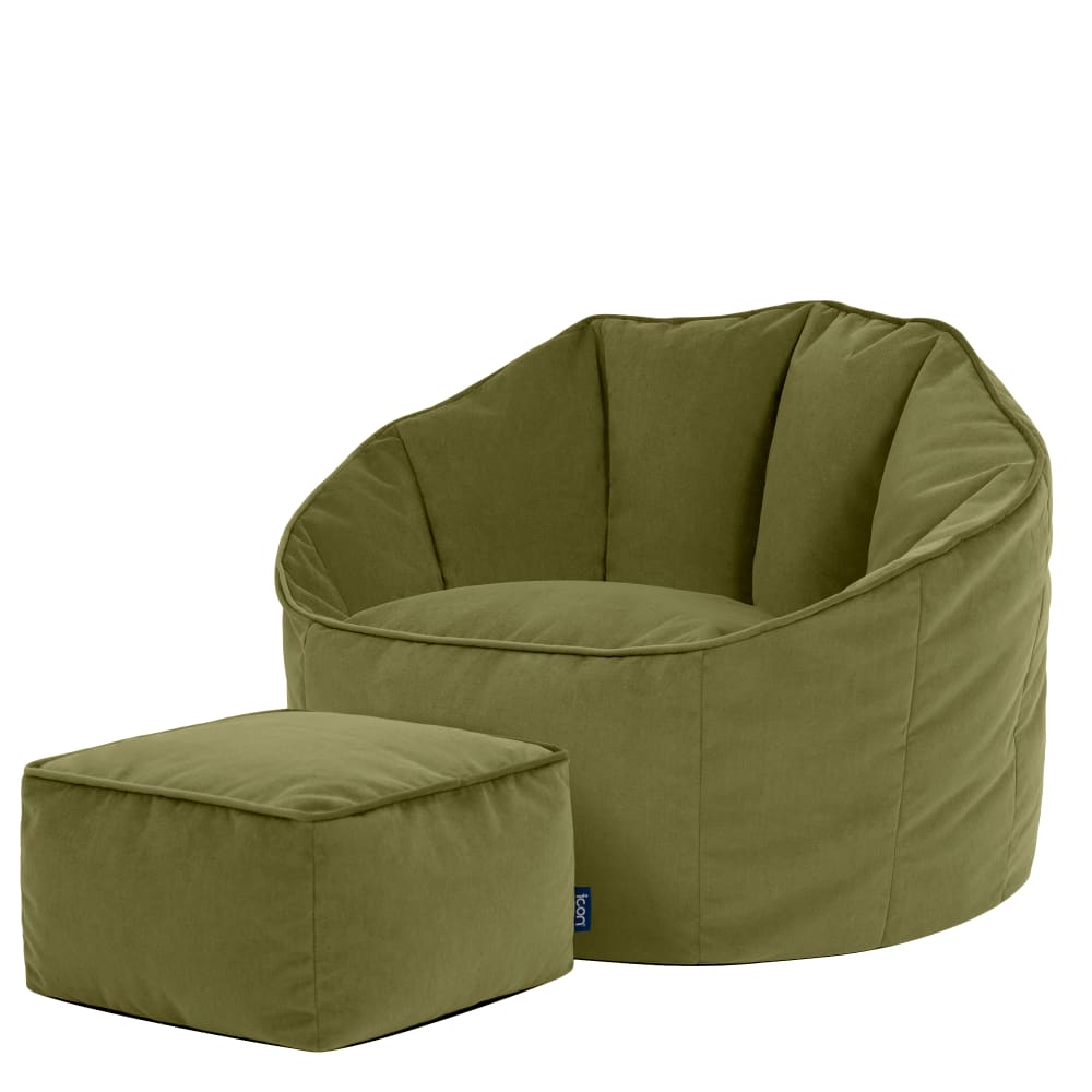 Pouf fauteuil coquillage avec repose-pied carré velours vert olive
